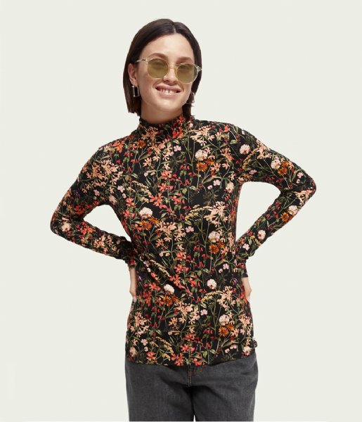 Scotch and Soda  Mock Neck Allover Printed Slim-Fit Top Meadow Deep Raspberry (5364)