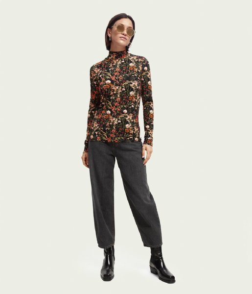 Scotch and Soda  Mock Neck Allover Printed Slim-Fit Top Meadow Deep Raspberry (5364)