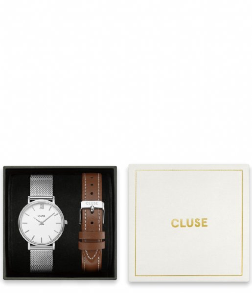 CLUSE  Giftbox Minuit Mesh Silver Colour and brown bracelet Brown (CG10207)