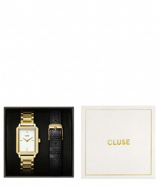 CLUSE  Gift Box Fluette Steel Watch And Black Leather Lizard Strap Gold