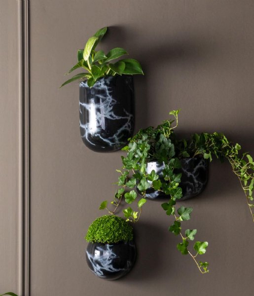 Present Time  Wall plant pot Oval wide marble print Black (PT3738BK)