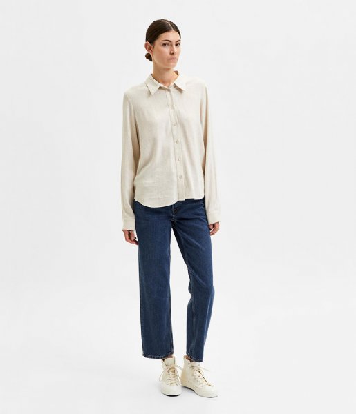 Selected Femme  Ls Short Linen Shirt Sandshell