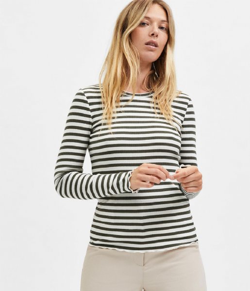 Selected Femme  Anna Long Sleeve Crew Neck Tee Str Ivy Green W Snow White Stripes (3929574)