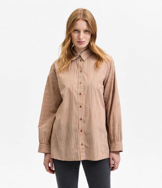 Selected Femme  Reka Longsleeve Striped Shirt W Bright White Brown Sugar (3930480)